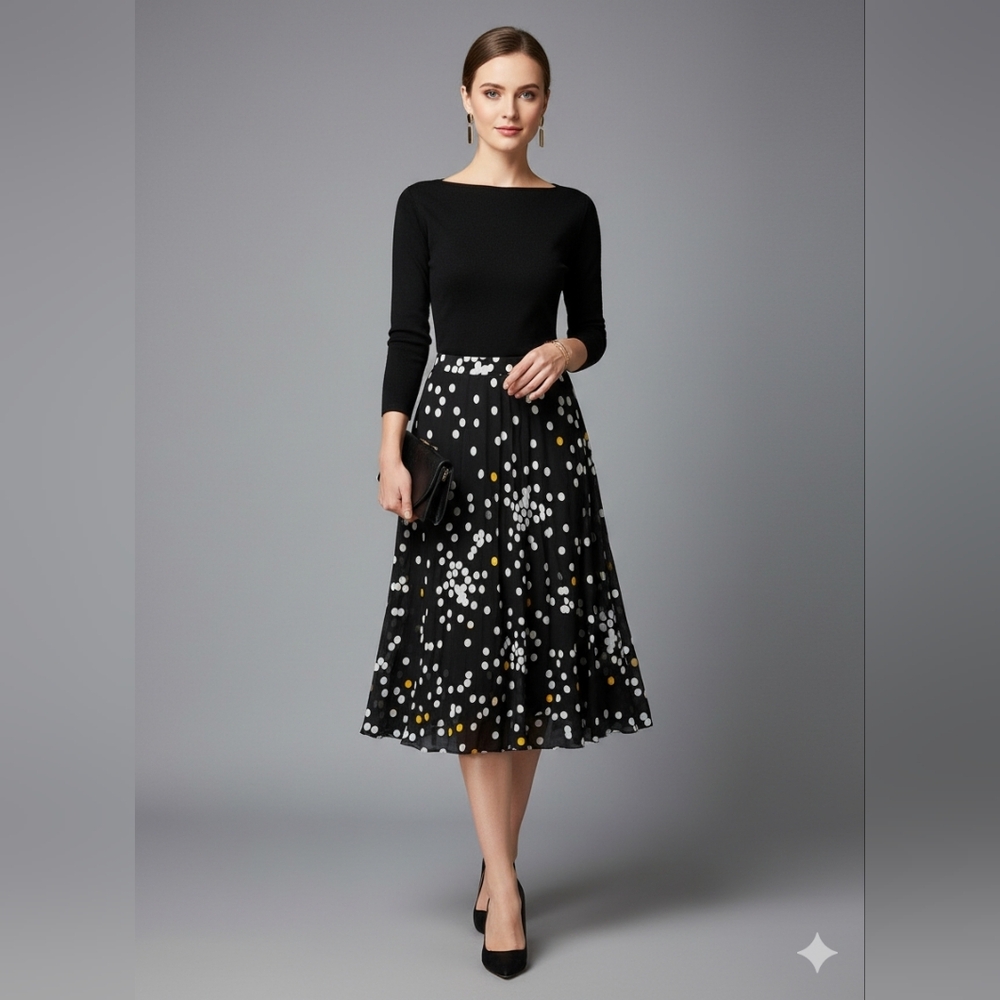ALFANI Chic Black A-Line Skirt with White and Yellow Polka Dots